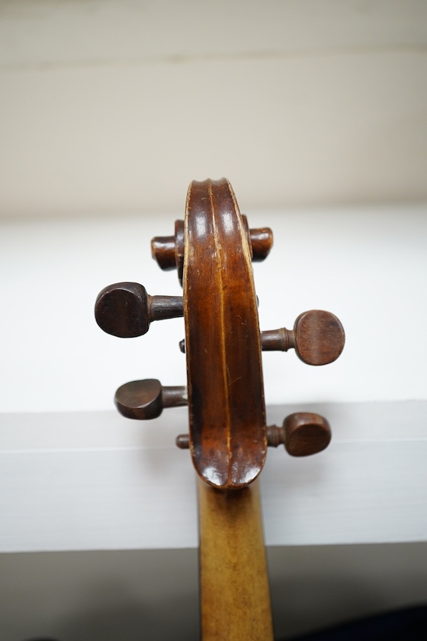 Three violins; a 3/4 Czech, a 1/2 size German and a 1/4 size Czech, all cased. Condition - fair to good